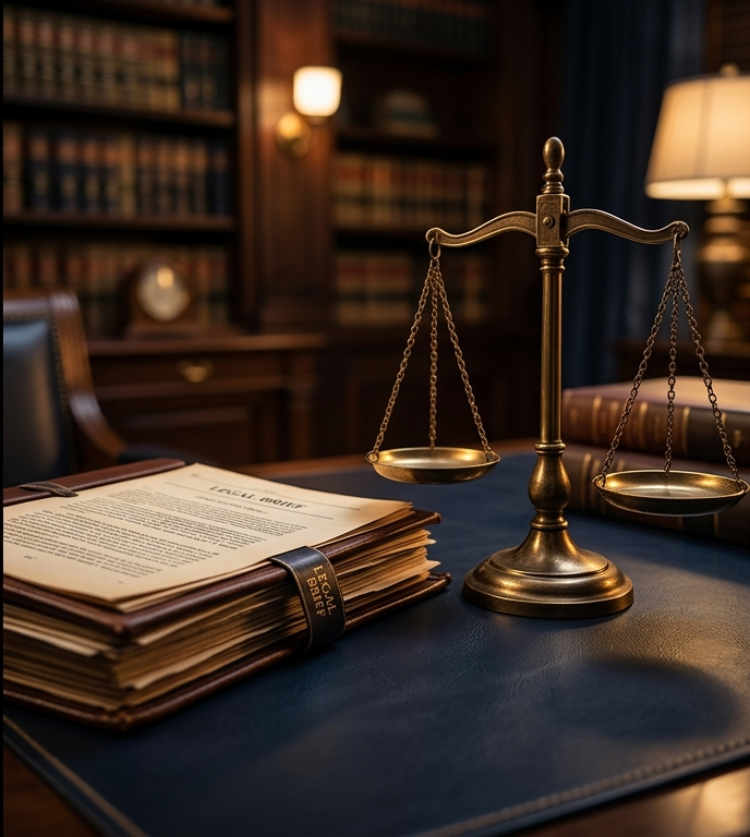 Despacho tributario — libros legales y balanza de la justicia